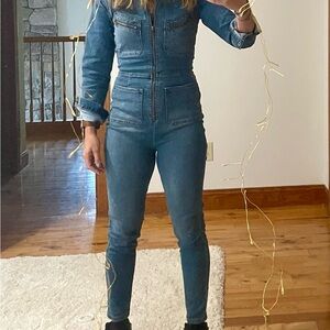 Free People Blue Skinny Denim Jumpsuit